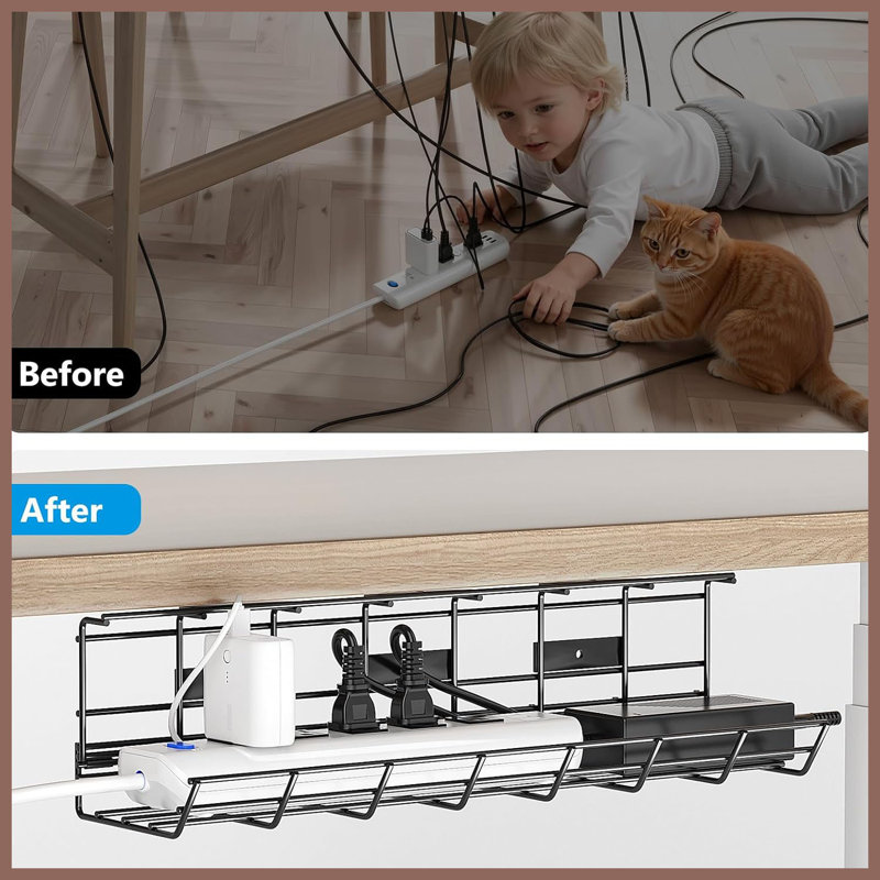 2 Pack Under Desk Metal Cable Management Tray, Pre-Drilled Cord Organizer for Home and Office