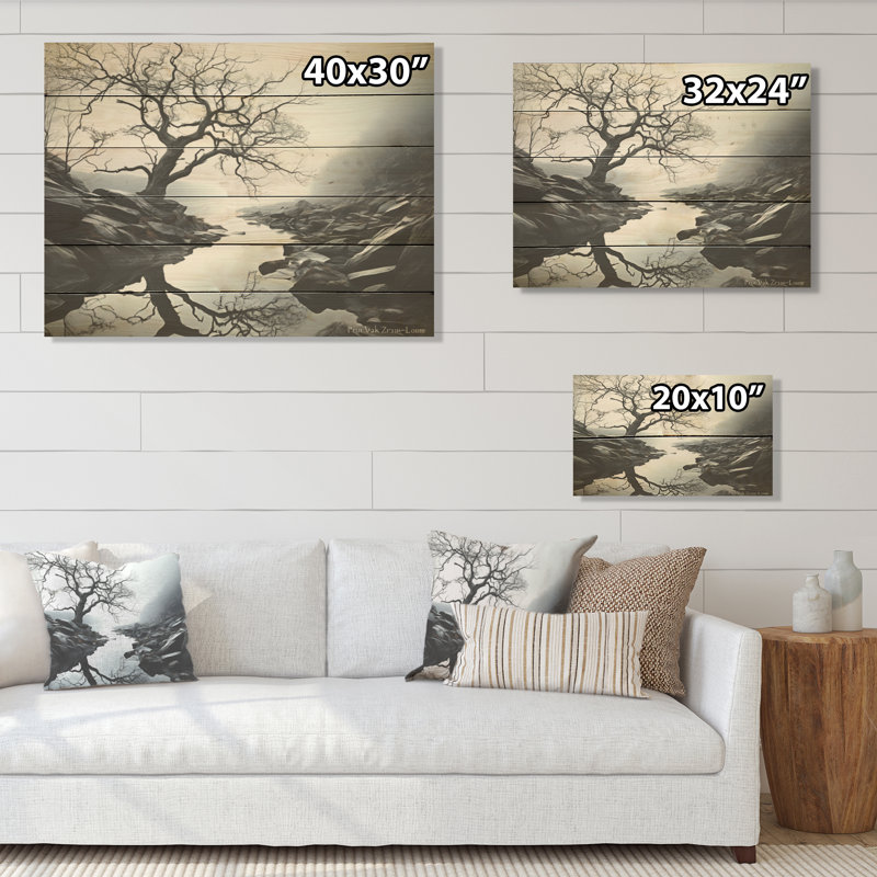 Moody Lake Fog Charm - Lake River Wood Wall Art On Natural Pine Wood, 10" H x 20" W
