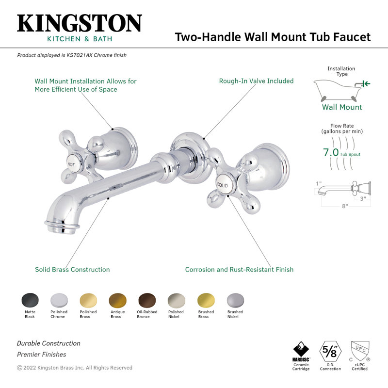 Kingston Brass English Country Two-Handle 3-Hole Wall Mount Roman Tub Faucet, Polished Chrome