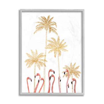 " Tall Flamingoes Golden Palm Trees Over White " by Ziwei Li