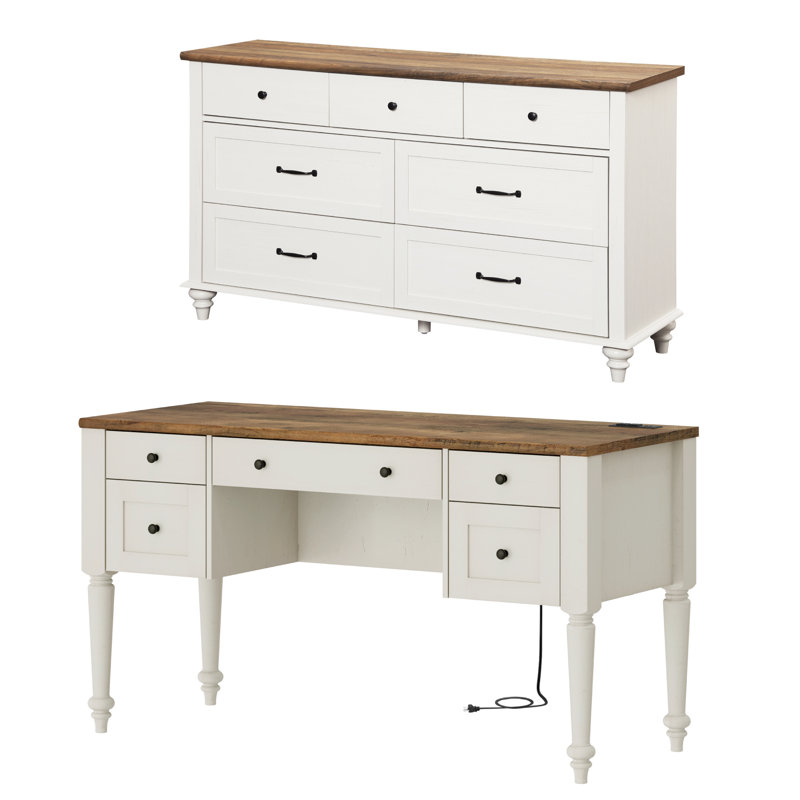 Ensemble de bureau 2 pièces, bureau d'ordinateur 56 po et commode 7 tiroirs, Blanc cassé