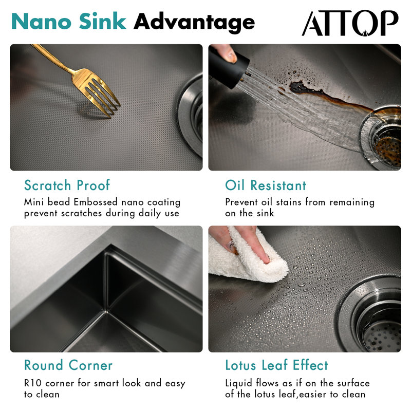 Attop Handmade Nano Black Stainless Steel Scratch-resistant 33 Inch Double Bowls Drop-in Kitchen Sink With Strainer