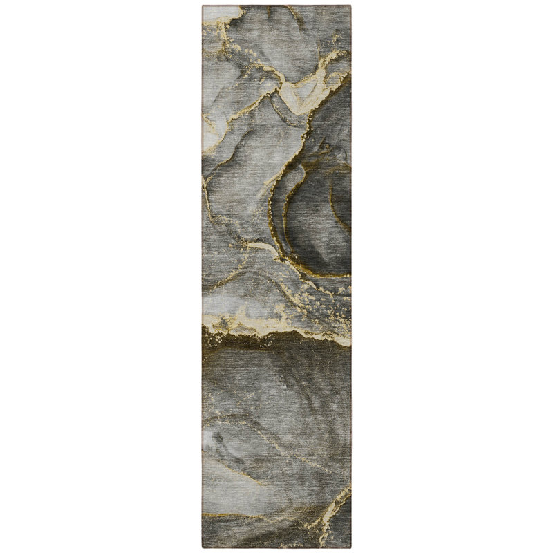 8' Runner Gray and Gold Abstract Washable Non Skid Indoor Outdoor Runner Rug
