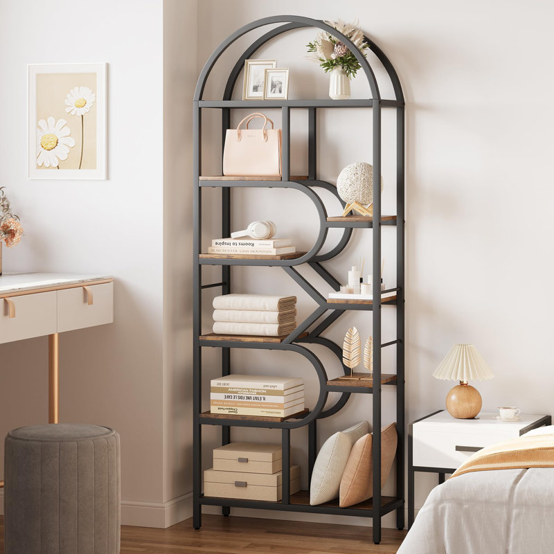 Bookshelf 6 Tier Arched Bookcase 81.7In Tall Display Racks Geometric Open Storage Shelf, Black
