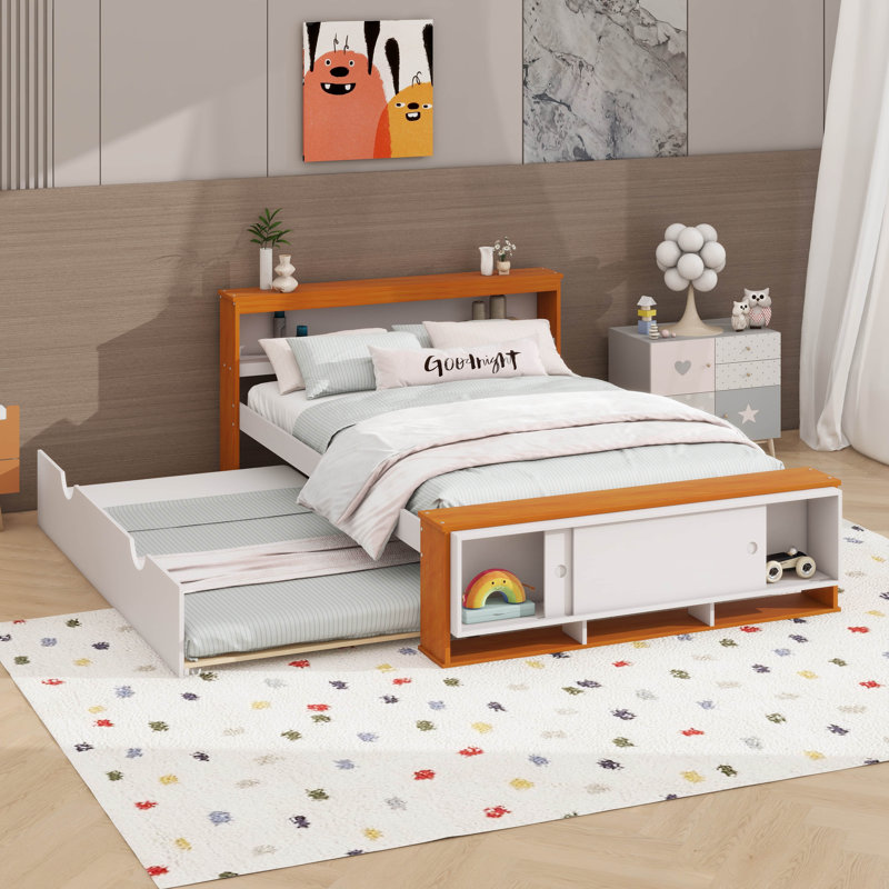 Lit plateforme double avec lit gigogne, Blanc / Naturel