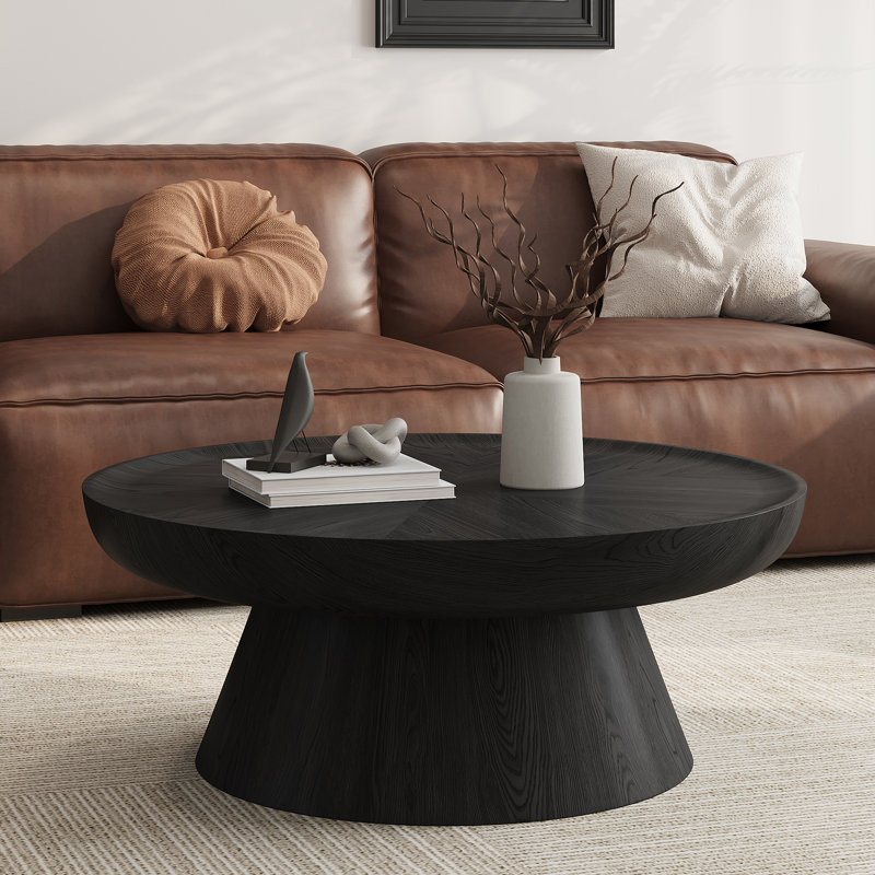 Table basse ronde en noyer rustique 35,43 po avec base conique épaisse, aucun assemblage requis, Noir
