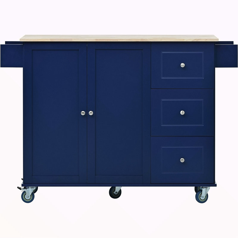 Rolling Mobile Kitchen Island With Drop Leaf - Solid Wood Top, Locking Wheels & Storage Cabinet 52.7 Inch Width, Blue