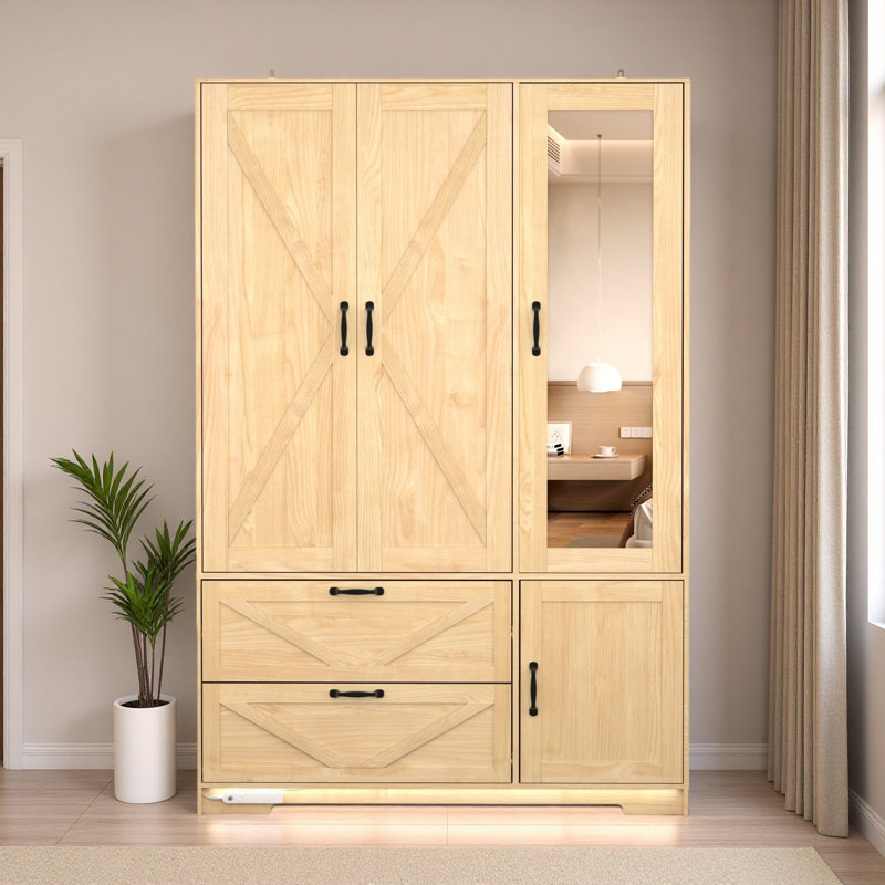 Armoire 4 portes avec miroir, armoire à DEL avec portes et 2 tiroirs, armoire de rangement en bois avec tringle