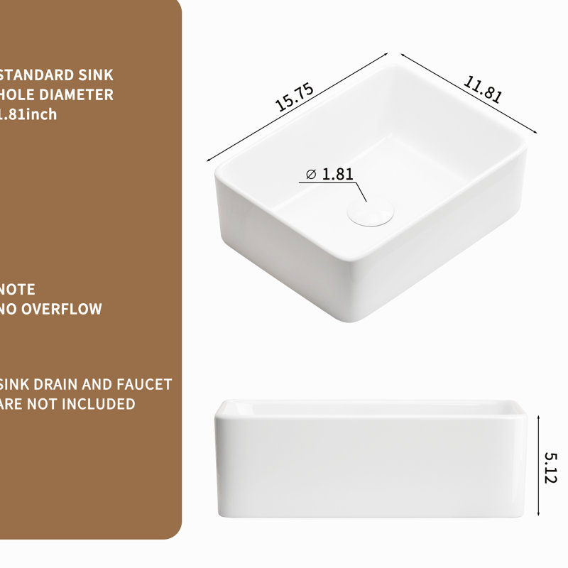 Lavabo de salle de bain rectangulaire blanc 16 po x 12 po, drain ajustable de 1 à 3/4 po et lavabo en céramique non ébréchée, matériau