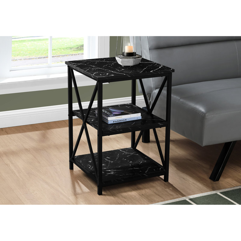 Table d'appoint noire aspect marbre avec structure en métal et rangement moderne en stratifié