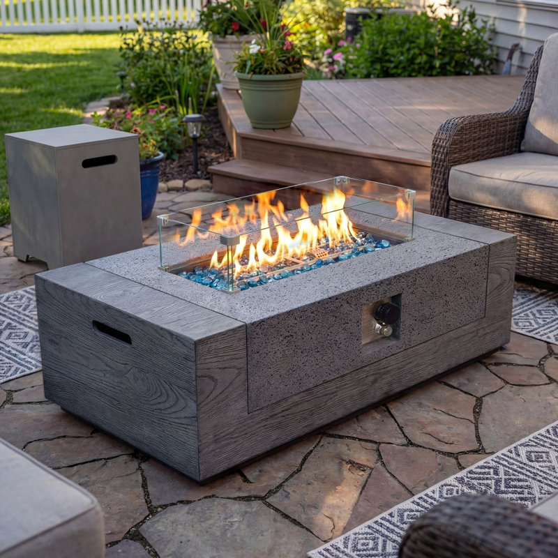 50-Inch Rectangular Concrete Propane Fire Pit Table with Tank Cover and Wind Guard,Cedar Gray, Cedar Gray
