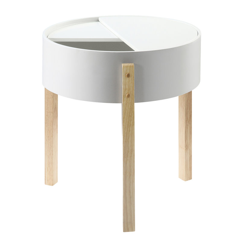 Charmante table de bout blanche et naturelle avec espace de rangement secret, espace caché rond polyvalent - aspect bois