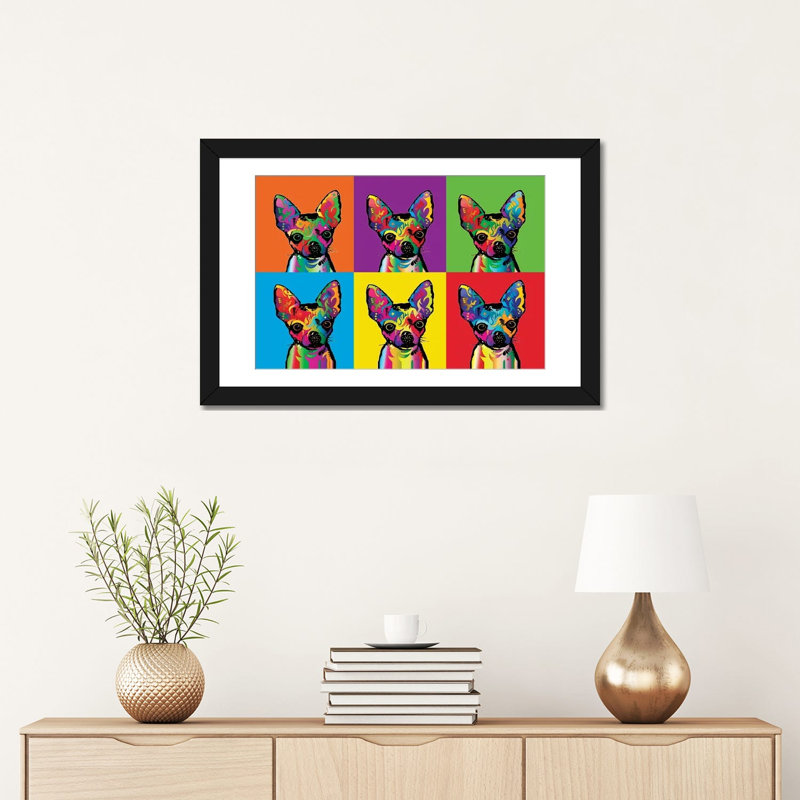 Chihuahua arc-en-ciel, impression sur toile tendue, H 16 po x l 24 po x P 1 po, Papier d'art encadré noir, Blanc