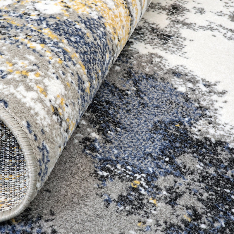 Modern Abstract Mottled Rug, Canvas Design, Woven, Grey Blue Yellow Beige, Rectangle 200 x 280cm