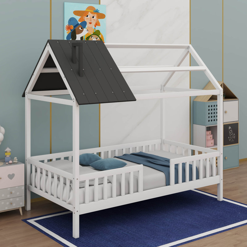Lit simple en bois avec garde-corps - Conception adorable et amusante pour chambre d'enfant, Blanc / Gris