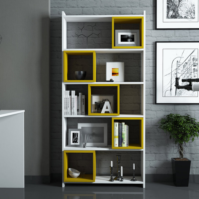 Lene 170cm H x 80cm W Geometric Bookcase, White/Yellow