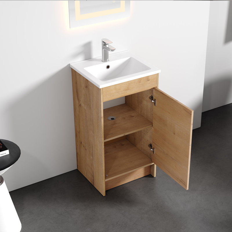 Grove Free Standing Single Bathroom Vanity with White Ceramic Sink, 2 Soft-Close Doors and 1 Adjustable Shelf, Floor Standing Vanity Set in Oak Natural