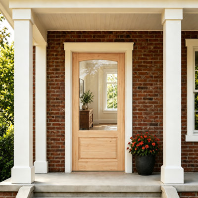 Solid Pine Arched Glass Exterior Door with White Frame and Sloped Threshold Unfinished Front Entry Door with Double Tempered Glass