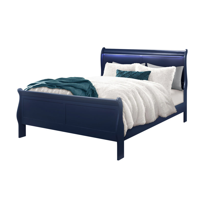 LIT AVEC DEL Iselys, lit plateforme, cadre de lit, Bleu, Double