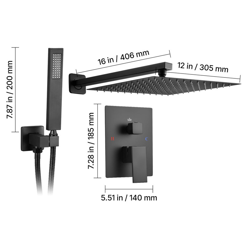 Shower Faucet Set, Rainfall Bathroom Shower System with 12-Inch Square Rain Shower Head and Handheld Spray, Wall Mounted Bath Fixtures with Brass Valve and Trim Kit, Matte Black
