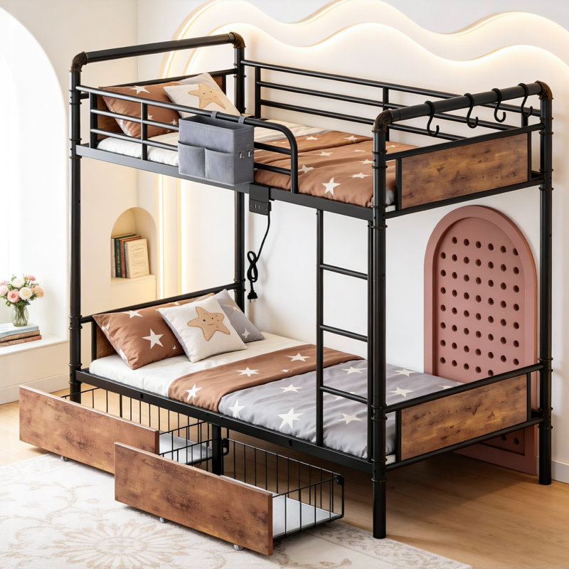 Metal Pipe Twin-Over-Twin Bunk Bed with LED Lights, Charging Station, 2 Lockable Drawers & Storage Bag, Black