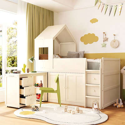 Twin Size Wooden Loft Bed With Desk, Drawers