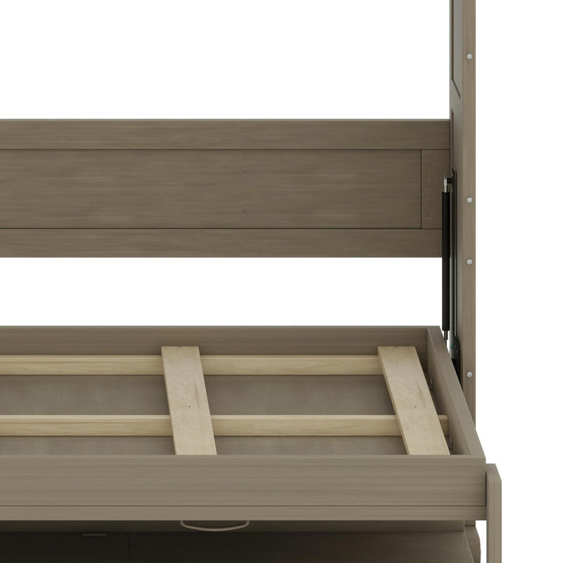 Lit escamotable avec rangement, armoire-lit pliable avec coiffeuse, miroir central et 2 tiroirs latéraux, Gris
