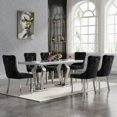 Rectangle Dining Table Set, Faux Marble Dining Table & Velvet Chairs with Stainless Steel Pedestal, 68" Dining Room Table and Chairs Set, Luxury Dining Table Set