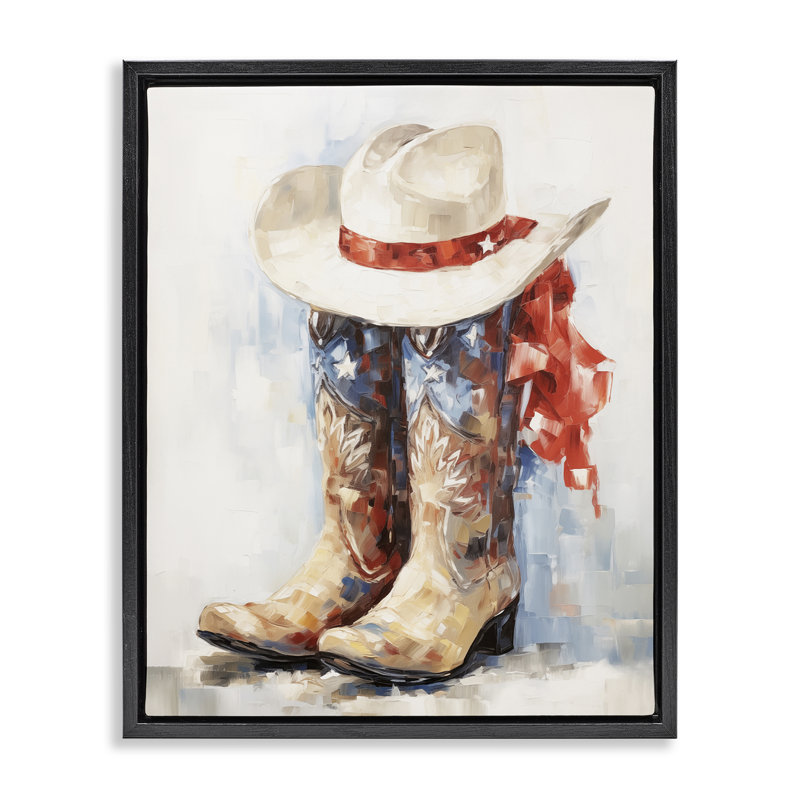 «Patriotic Cowboy bottes», art par Arlington Prints, Cadre flottant noir de jais, H 21 po x l 17 po