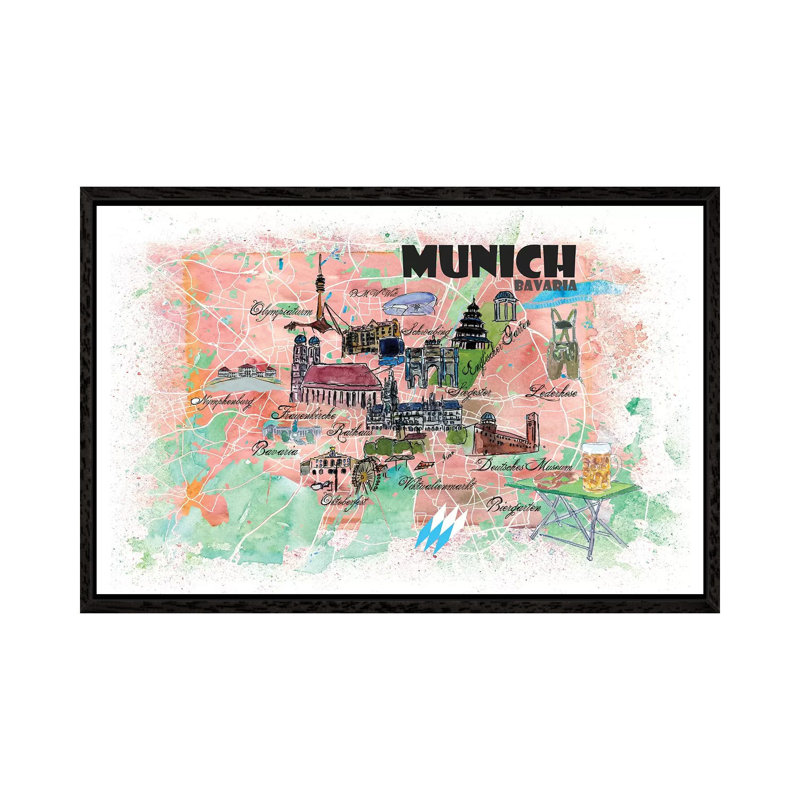 Munich Bavaria Illustrated Map by Markus & Martina Bleichner - Painting on Canvas, Black Floater Framed
