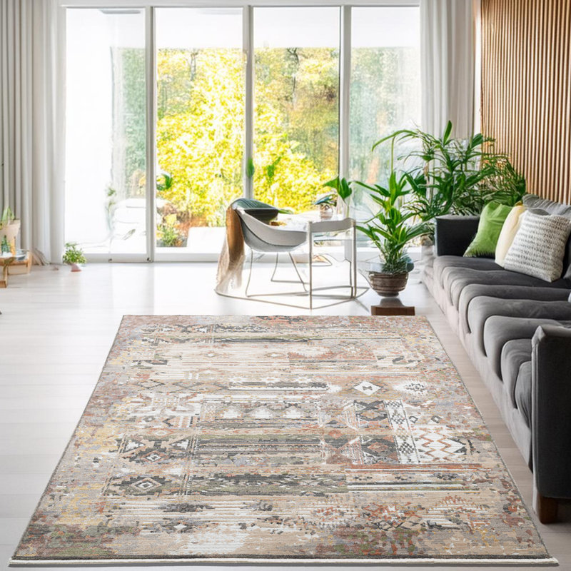 Abstract Machine Woven Beige Area Rug, Rectangle 240 x 290cm
