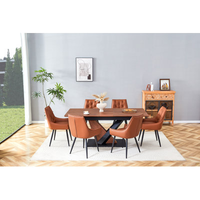 Contemporary Dining Set, Extendable Mdf Wood-Veneer Table & 4 Premium Faux Leather Chairs, (1 Table With 4 Sturdy Metal-Frame Chairs)