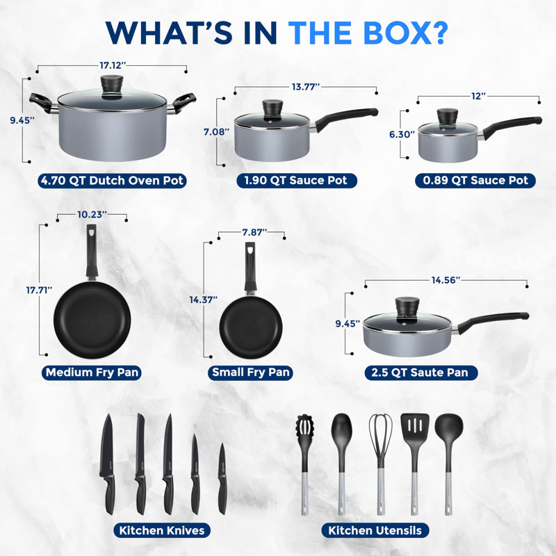 20 - Piece Non-Stick Aluminum Cookware Set, Gray