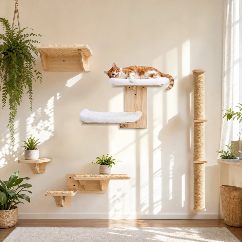 Lit mural double pour chat, tablette flottante en bois naturel avec 2 coussins blancs moelleux, plateforme de couchage murale surélevée pour chatons et chats adultes