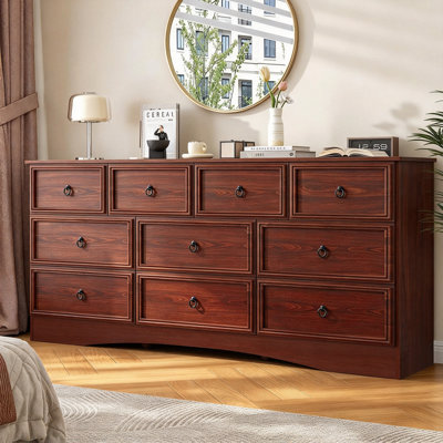 63 Inch Dresser for Bedroom, 10 Drawer Dresser with Large Drawers, Mid Century Modern Wide Wood Chest for Living Room, Hallway, Cherry Wood Color