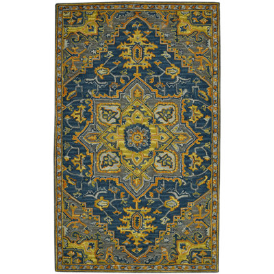 Tapis médaillon en laine touffeté à la main 5 pi x 8 pi bleu gris et orange
