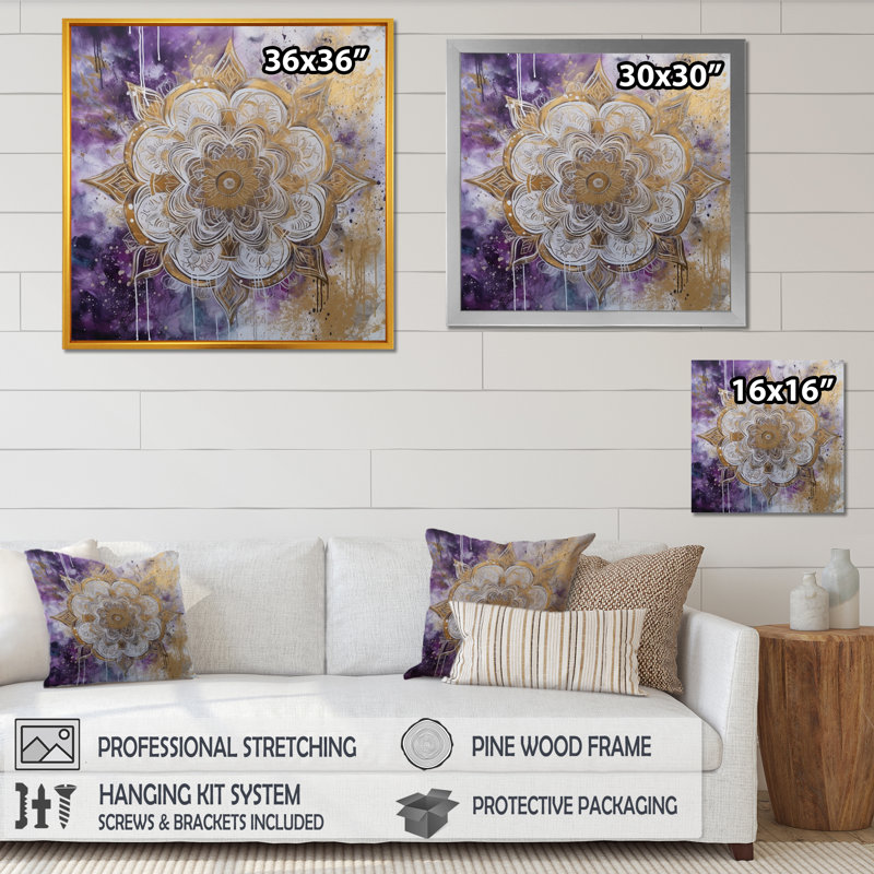 Mauve et or mandala I - imprimé, H 16 po x l 16 po x P 1 po, Cadre doré à une seule photo