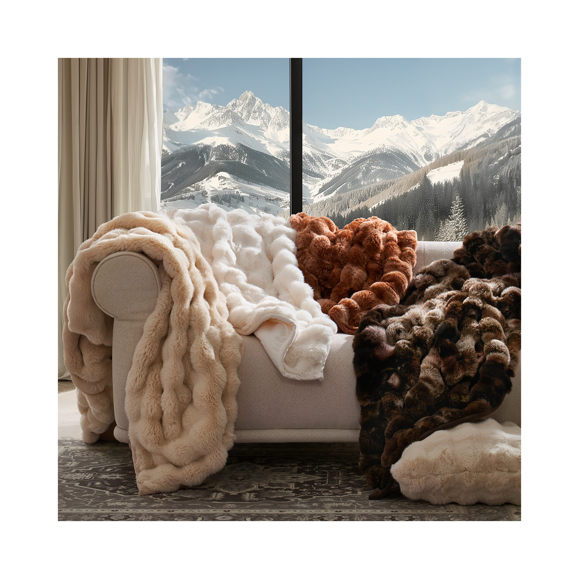 Ridgeline Faux Fur Throw Blanket, 90" L x 80" W, Beige
