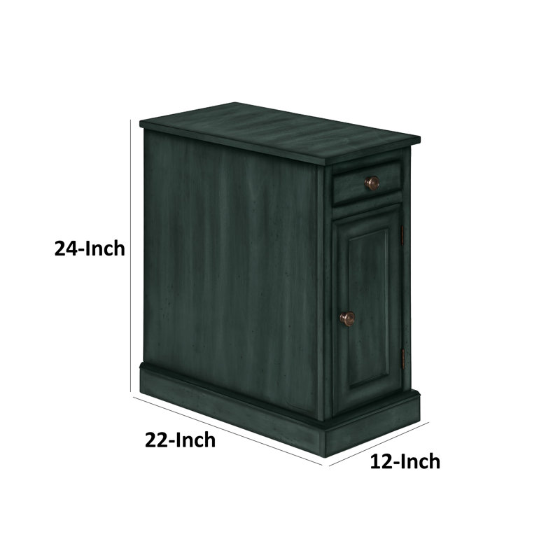 Table de chevet d'appoint étroite, tiroir et armoire, bleu antique bord de mer