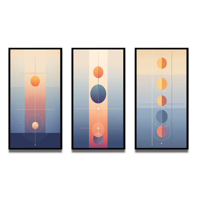 «Moon Fases Circular Minimalisme Pastel I», 3 pièces sur toile, Cadre flottant noir, H 20 po x l 36 po