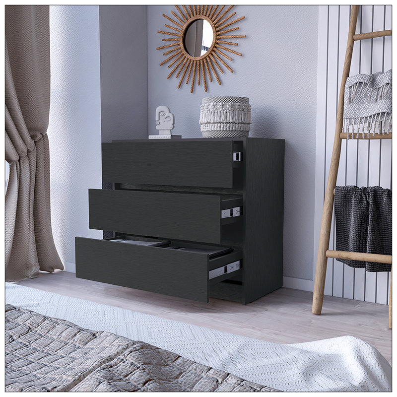 Commode Maldus, trois tiroirs, finition wengé noir, Noir