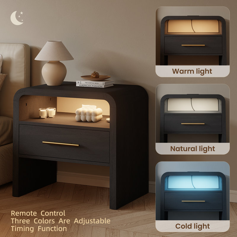 Auralis Curved Nightstand Set of 2 with Charging Station & LED Lighting, 23.7" Wide Organic Modern Side Tables with Drawer, Open Shelf Storage, Bedside Tables & End Tables