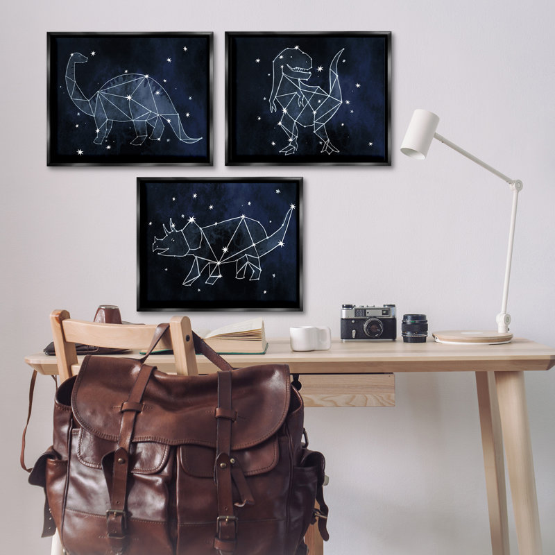 «Night Sky Dinosaur Constellations», ensemble de 3 toiles flottantes encadrées par Daphne Polselli, H 17 po x l 21 po