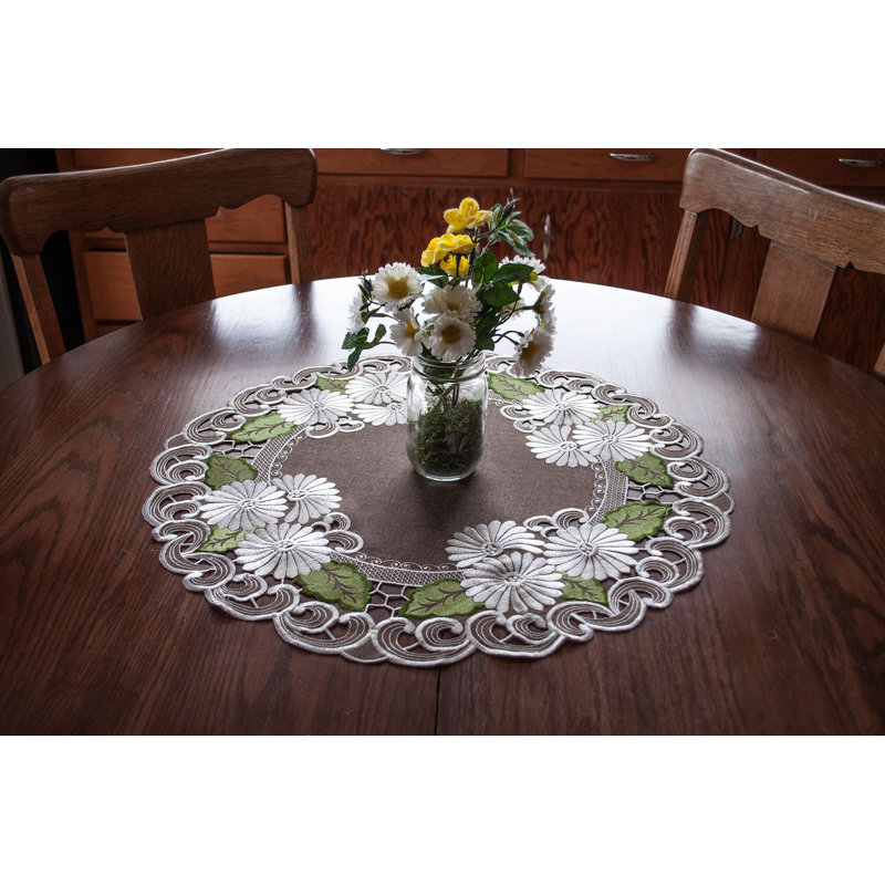 Reanna Embroidered Silver Daisy Green Leaves Brown (23" Round)