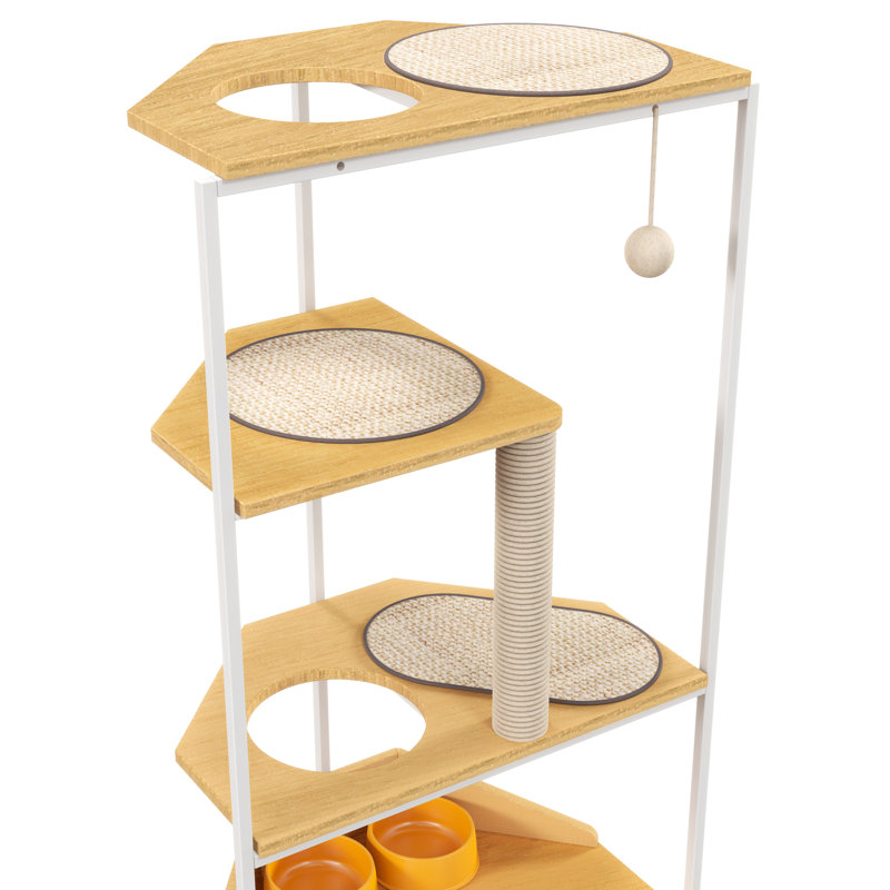 Tour pour chat d'intérieur avec poste d'alimentation et poteau à griffer, blanc et chêne, stable et fonctionnelle, poste de rangement peu encombrant, coffre pour arbre