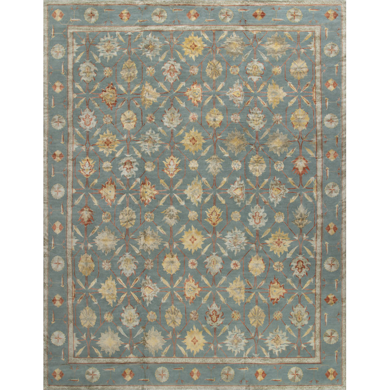 Palmettes Oriental Area Rug in Light Teal/Yellow/Khaki/Coral, Rectangle 5' x 7'