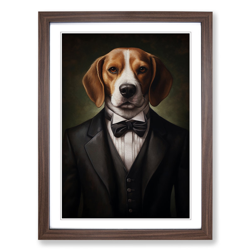 Beagle In A Suit No.4 - Single Picture Frame Print on Wood, 34cm H x 25cm W x 2cm D, Walnut Framed