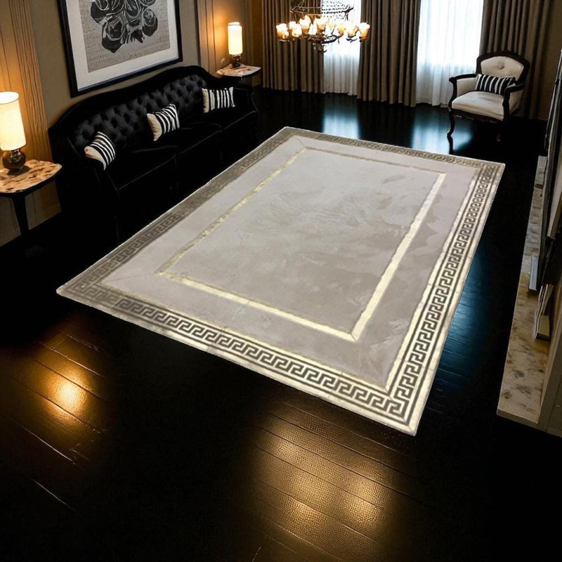 Tapis moelleux beige clair, tapis à lignes dorées douces, tapis de salon sur mesure, Rectangle 3 pi x 3 pi 4 po