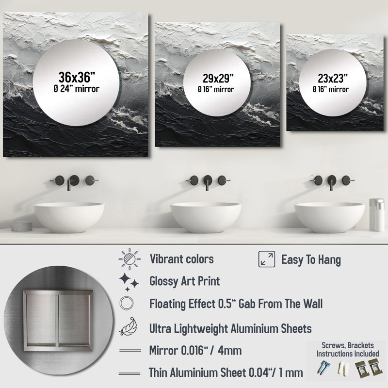Minimalisme noir et blanc Paint Wave - miroir mural bord de mer pour chambre à coucher, 23 po x 23 po