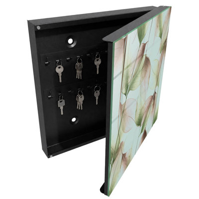 Wall mounted key box, Opens to the right, 30x30x5, White, Transparent leaves in green and brown, 